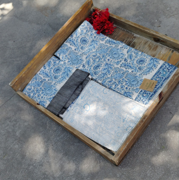 Handblock Slub Cotton Unstitched Dress Material