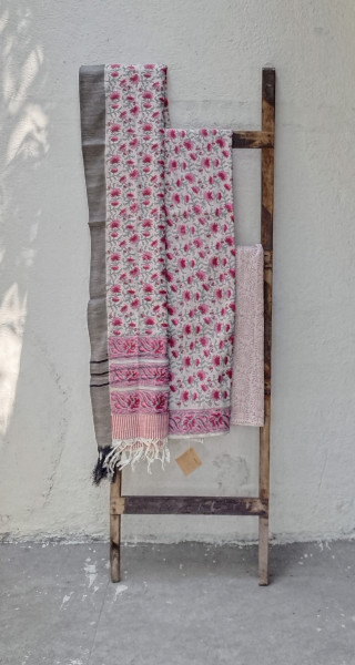 Handblock Slub Cotton Unstitched Dress Material