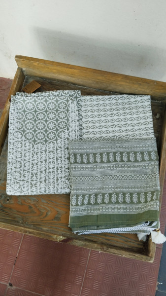 Hand Block Print Cotton Dress Material with Embroidery