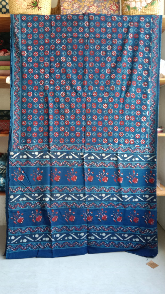 Image of Indigo Handblock Print modal and cotton Blend Saree