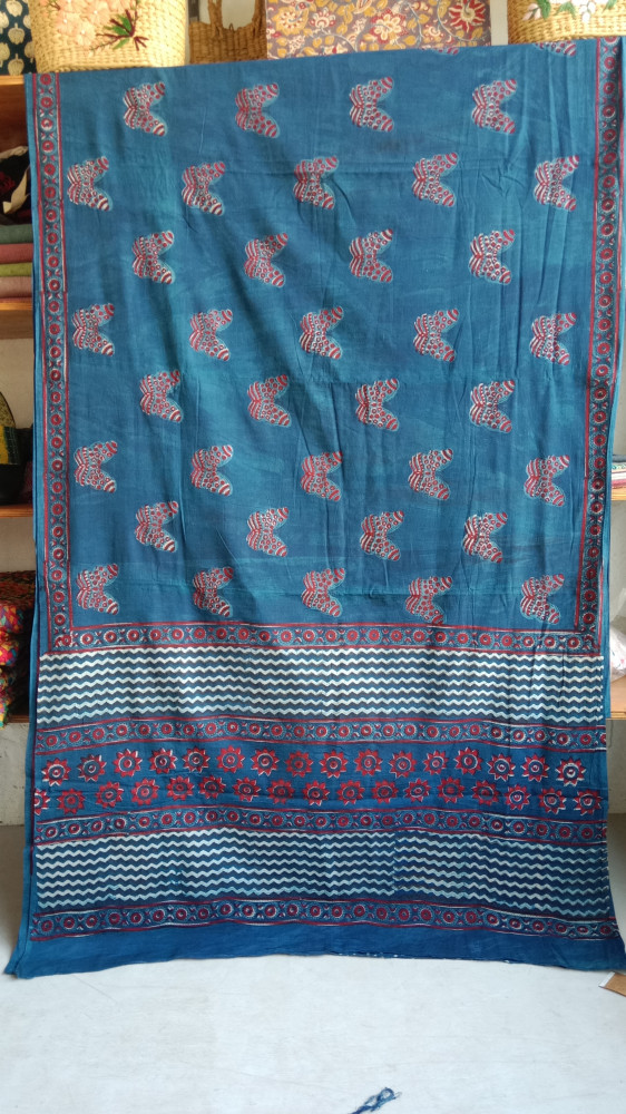 Image of Indigo Handblock Print Cotton Saree