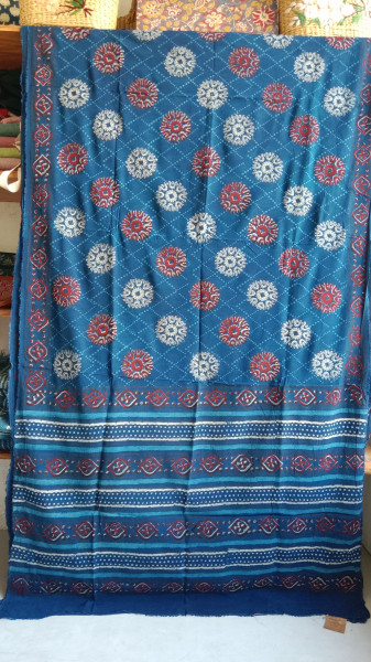 Indigo Handblock Print modal and cotton Blend Saree