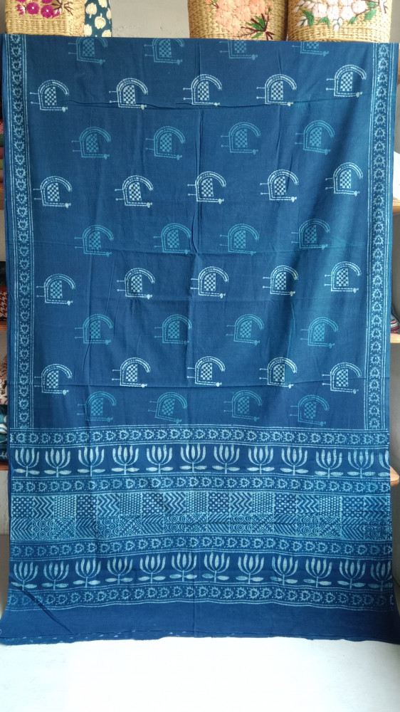 Image of Indigo Handblock Print Cotton Saree