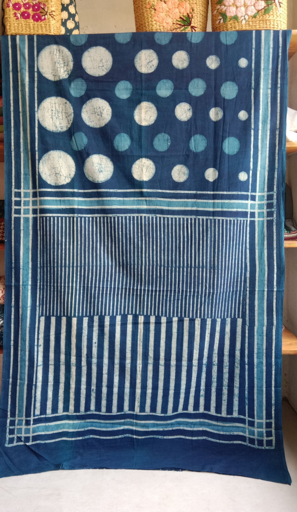 Image of Indigo Handblock Print Cotton Saree