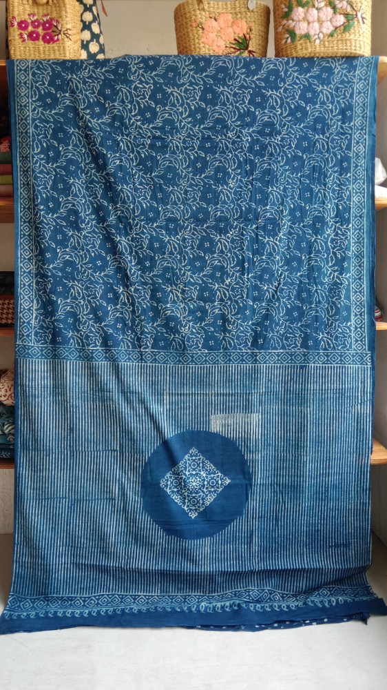 Image of Indigo Handblock Print Cotton Saree