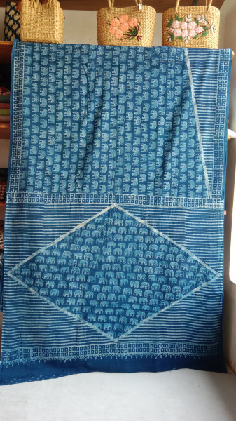 Indigo Handblock Print Cotton Saree