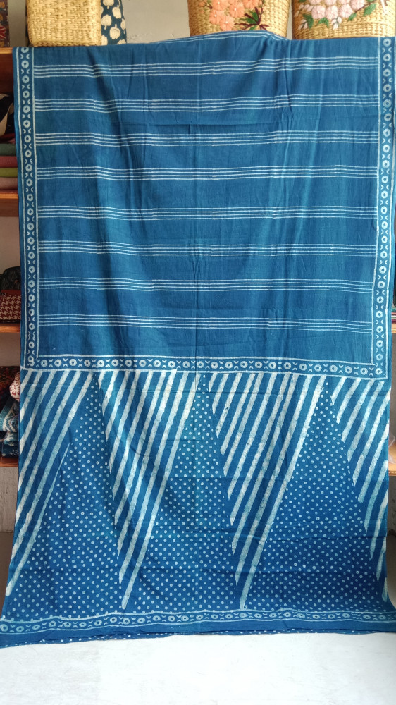 Image of Indigo Handblock Print Cotton Saree