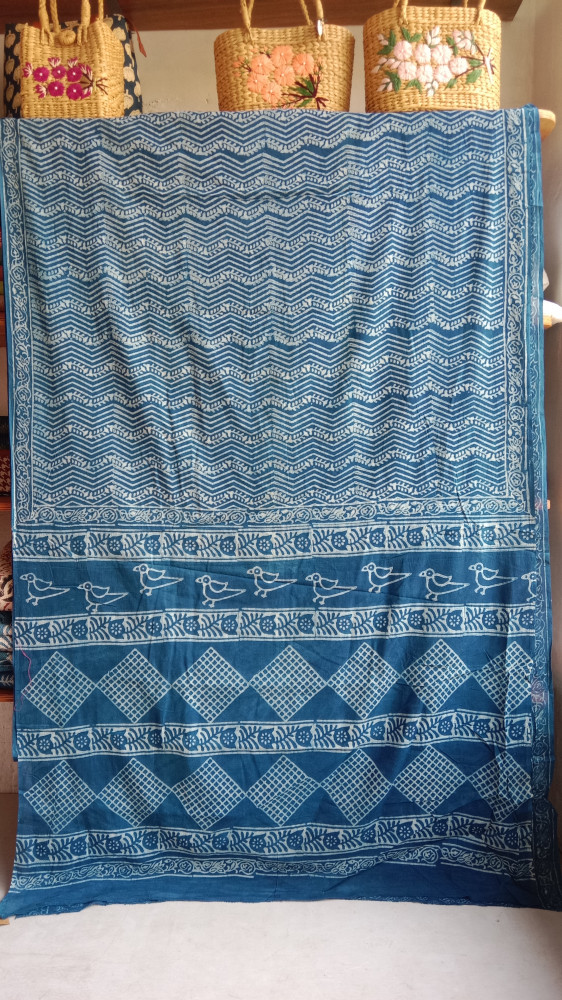 Image of Indigo Handblock Print Cotton Saree