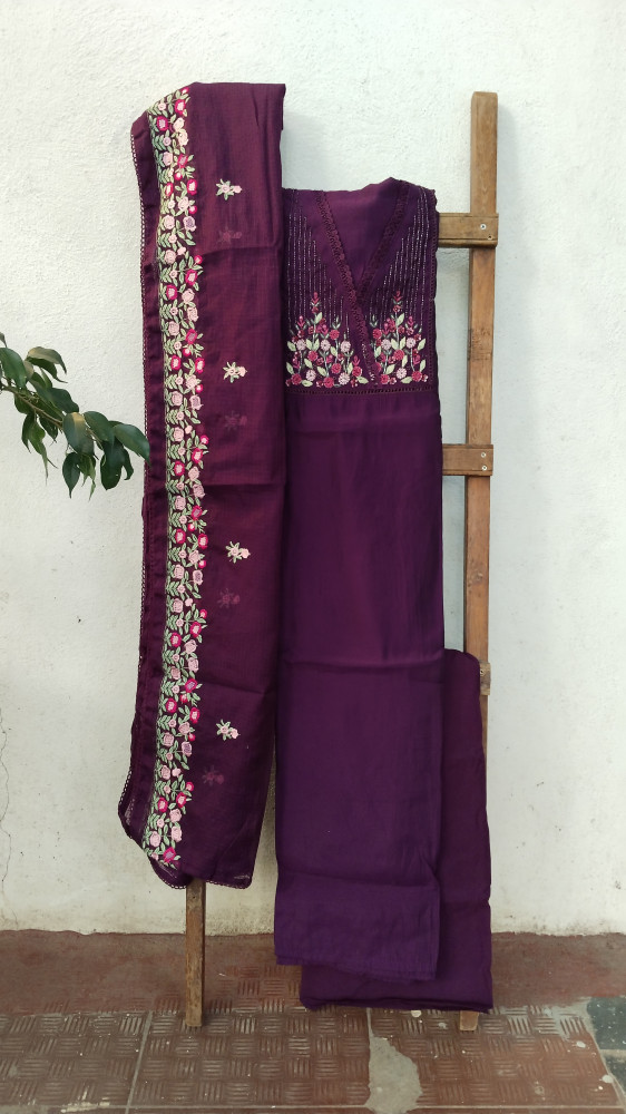 Image of Hand-Embroidered Mull Chanderi Unstitched Set