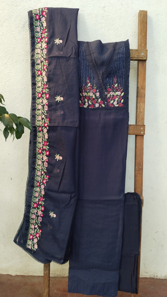 Image of Hand-Embroidered Mull Chanderi Unstitched Set
