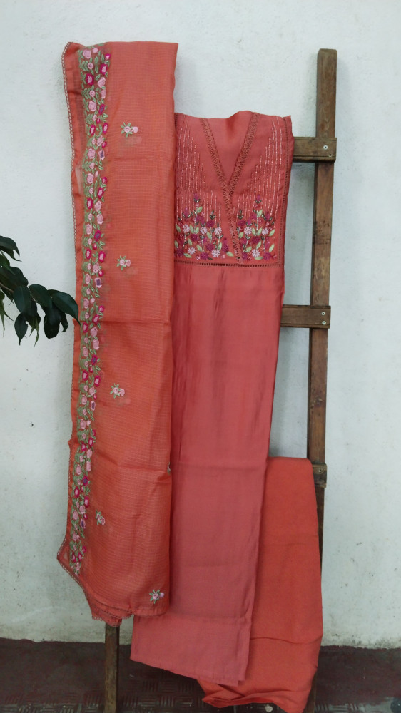 Image of Hand-Embroidered Mull Chanderi Unstitched Set