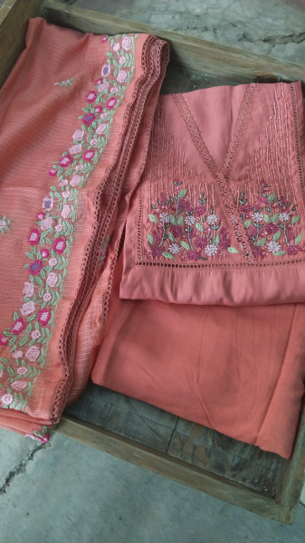 Hand-Embroidered Mull Chanderi Unstitched Set