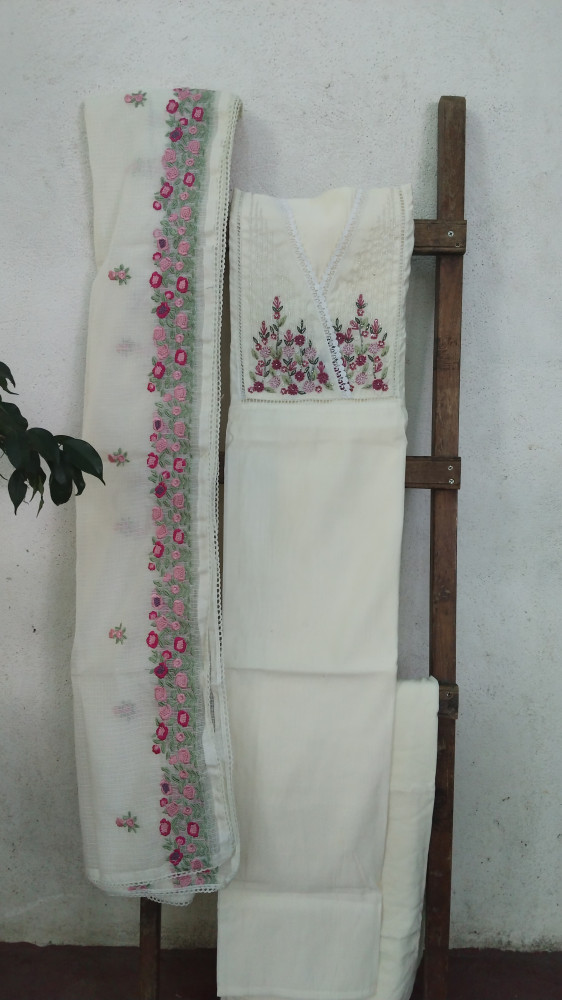 Image of Hand-Embroidered Mull Chanderi Unstitched Set
