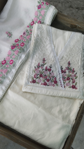 Hand-Embroidered Mull Chanderi Unstitched Set