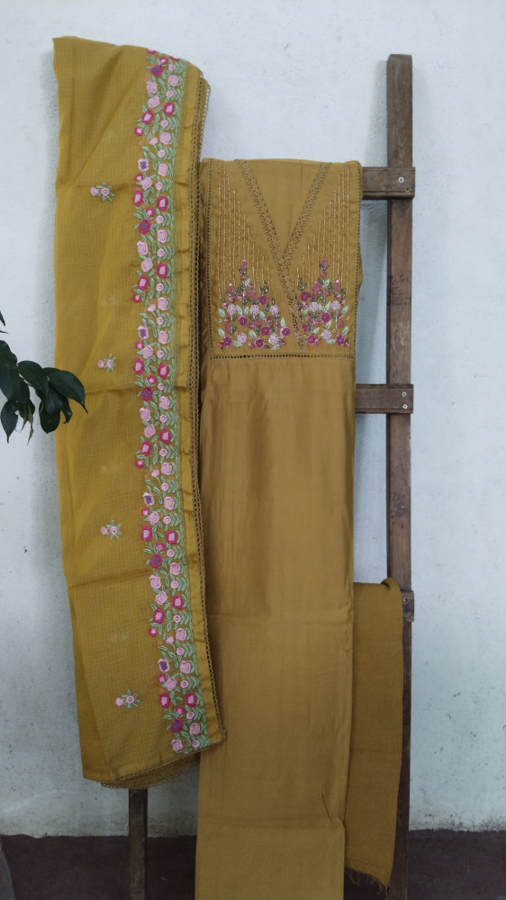 Image of Hand-Embroidered Mull Chanderi Unstitched Set