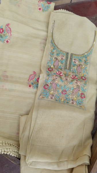 Hand-Embroidered Mull Chanderi Unstitched Set
