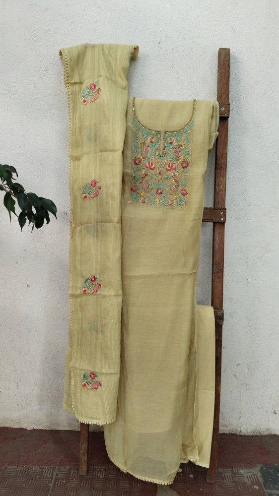 Image of Hand-Embroidered Mull Chanderi Unstitched Set