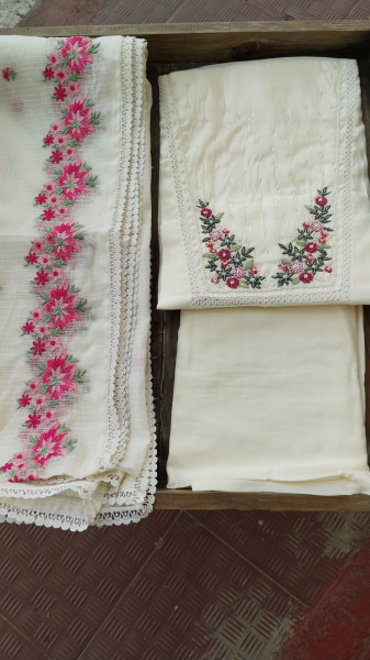 Hand-Embroidered Mull Chanderi Unstitched Set