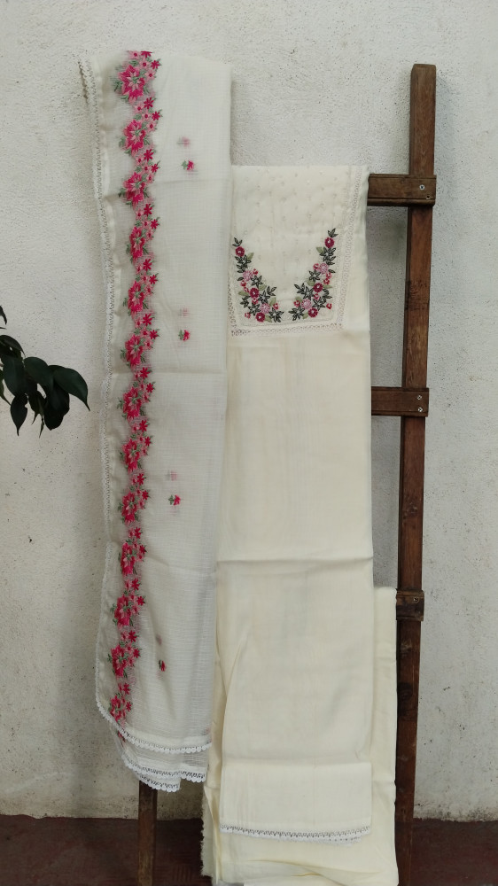 Image of Hand-Embroidered Mull Chanderi Unstitched Set