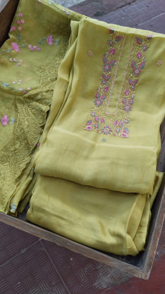 Hand-Embroidered Mull Chanderi Unstitched Set
