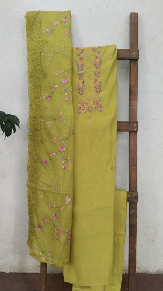Hand-Embroidered Mull Chanderi Unstitched Set