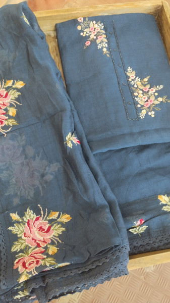Hand-Embroidered Mull Chanderi Unstitched Set