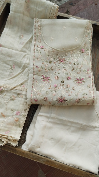 Hand-Embroidered Mull Chanderi Unstitched Set