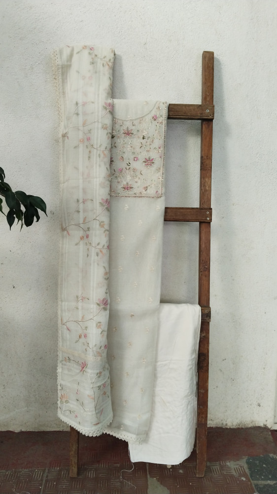 Image of Hand-Embroidered Mull Chanderi Unstitched Set