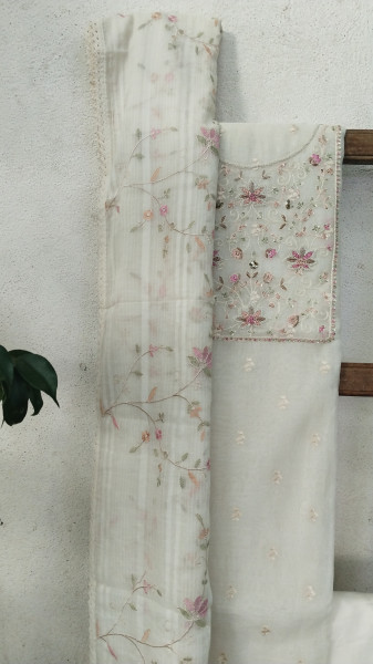 Hand-Embroidered Mull Chanderi Unstitched Set