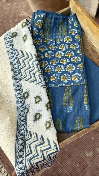 Hand-Block Printed Cotton Suit Material with Embroidered Yoke