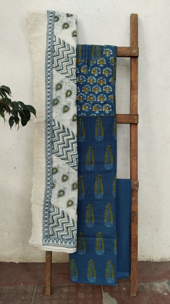 Hand-Block Printed Cotton Suit Material with Embroidered Yoke