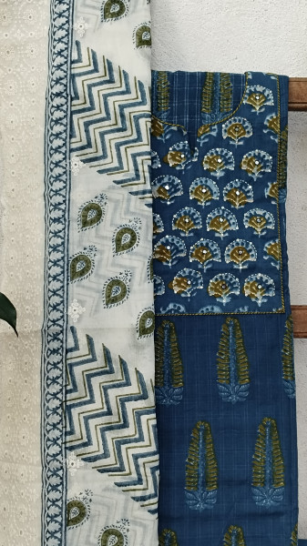 Hand-Block Printed Cotton Suit Material with Embroidered Yoke