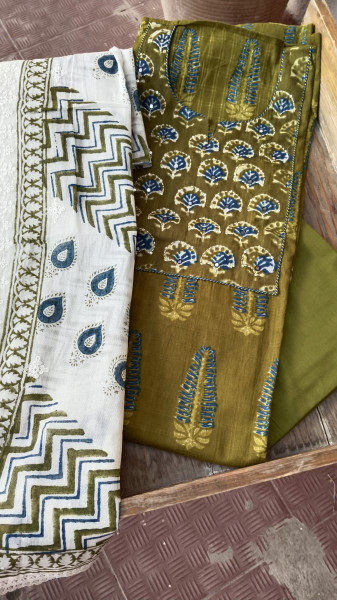 Hand-Block Printed Cotton Suit Material with Embroidered Yoke