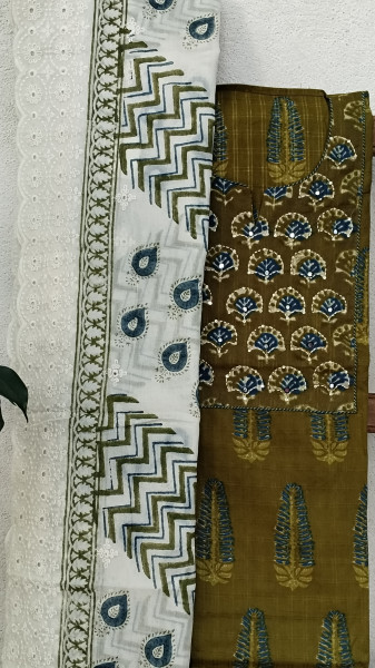 Hand-Block Printed Cotton Suit Material with Embroidered Yoke