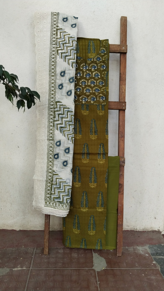 Image of Hand-Block Printed Cotton Suit Material with Embroidered Yoke