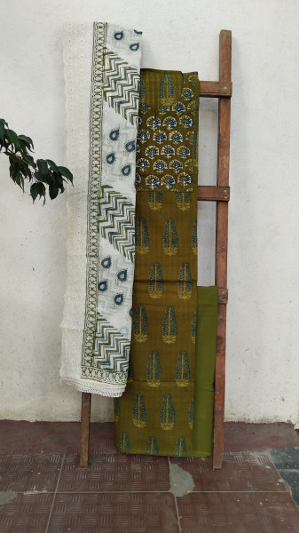 Hand-Block Printed Cotton Suit Material with Embroidered Yoke