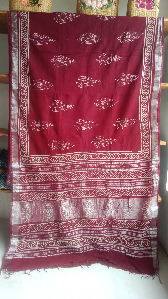 Image of Cotton &amp; Linen Block Print Saree