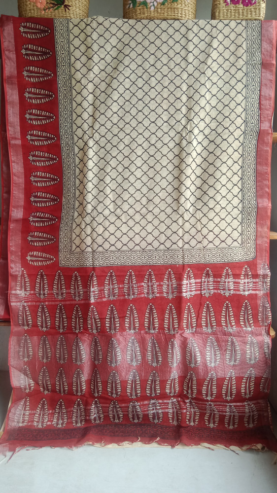 Image of Cotton &amp; Linen Block Print Saree