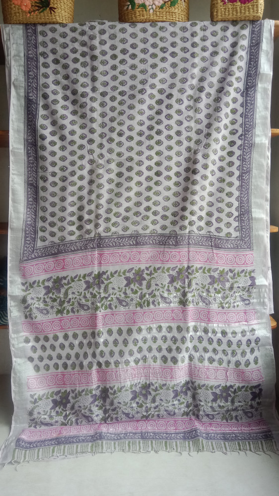 Image of Cotton &amp; Linen Block Print Saree