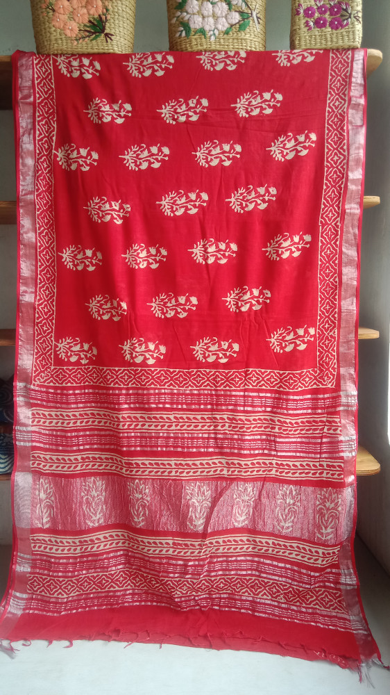 Image of Cotton &amp; Linen Block Print Saree