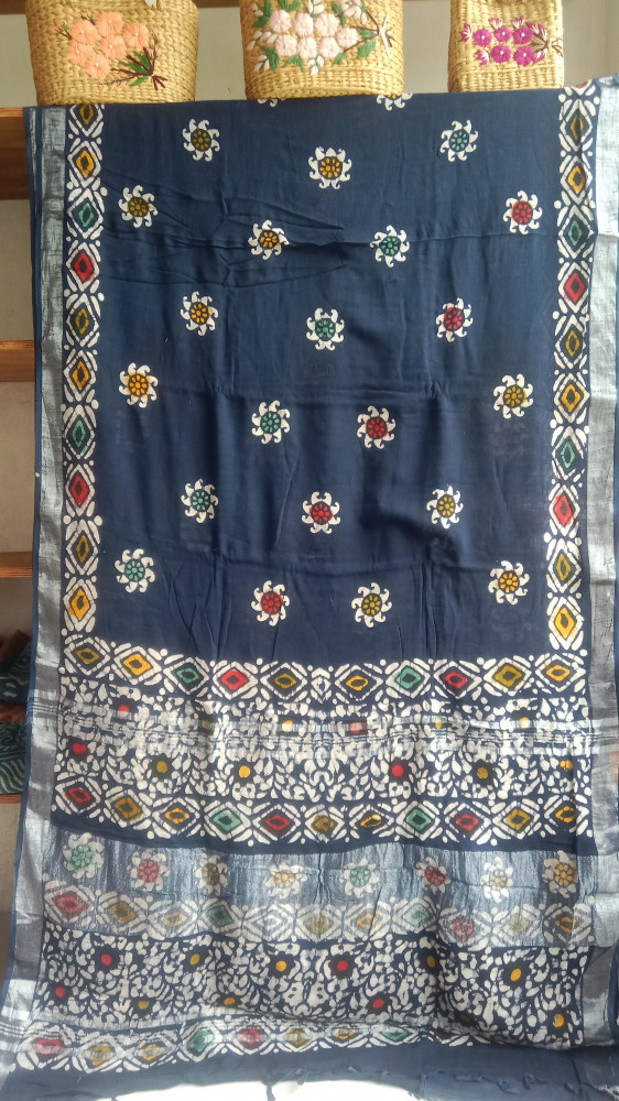 Image of Cotton &amp; Linen Block Print Saree