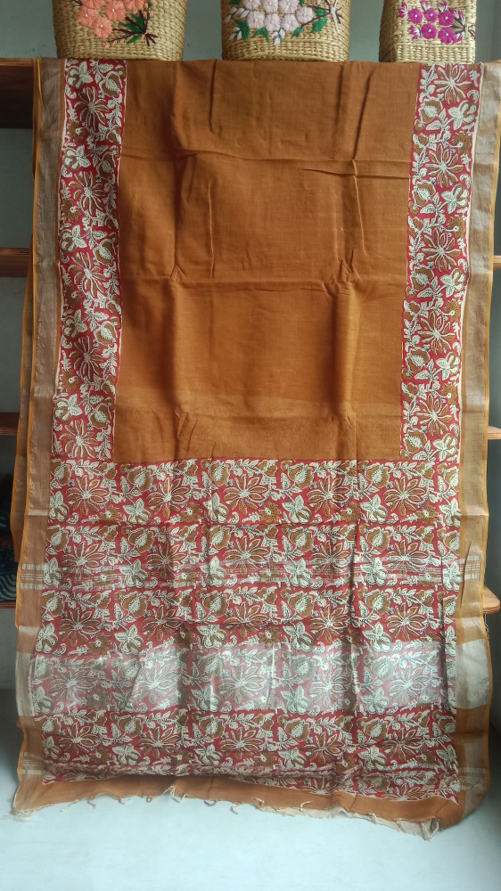 Image of Cotton &amp; Linen Block Print Saree