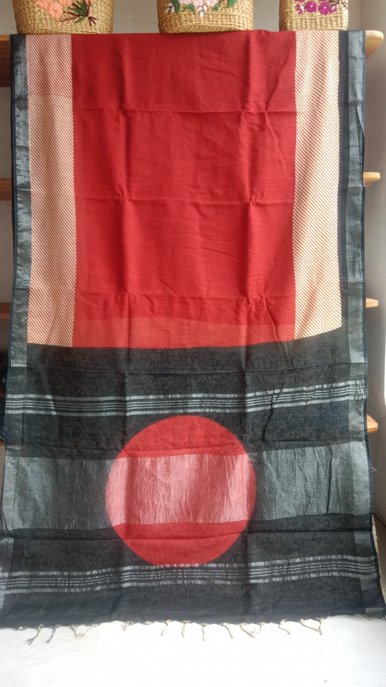 Image of Cotton &amp; Linen Block Print Saree