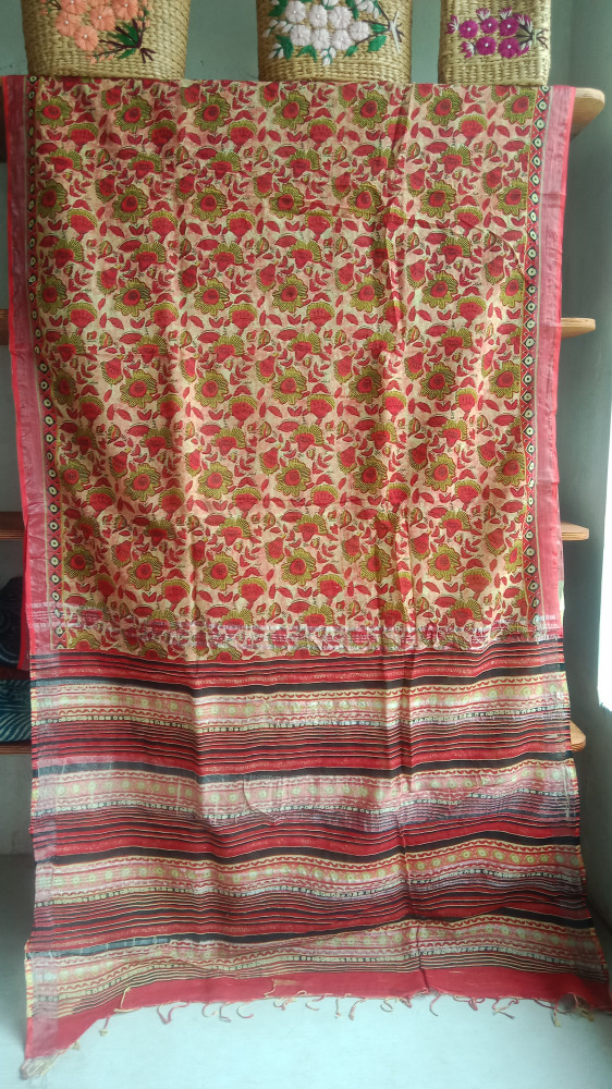 Image of Cotton &amp; Linen Block Print Saree