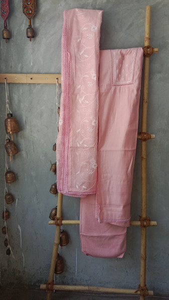 Hand- Embroidered Mull Chanderi Unstiched Set