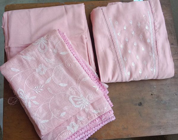 Hand- Embroidered Mull Chanderi Unstiched Set