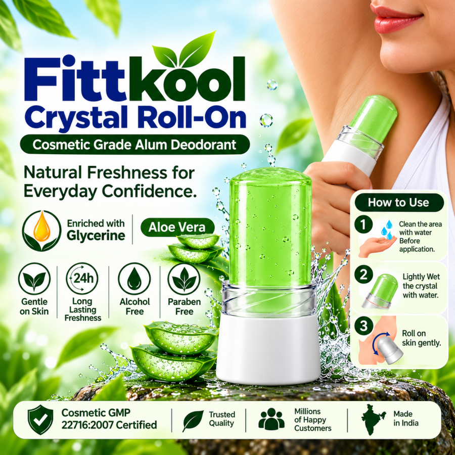 Fittkool Crystal Roll-On with Aloe Vera and Glycerine for natural everyday freshness.