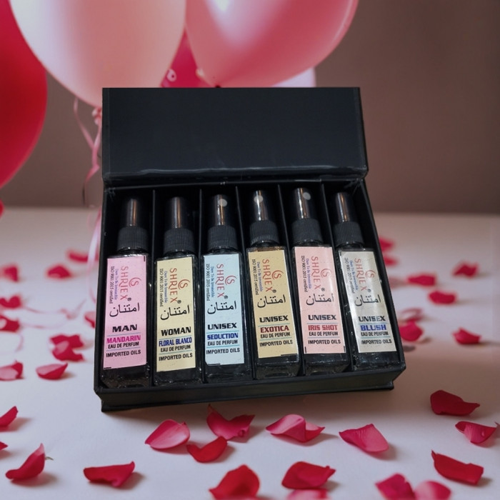Shriex 6×8ml trial & gift pack — Angle Dust & Floral Blanco (women) plus four unisex samples in a premium black gift box