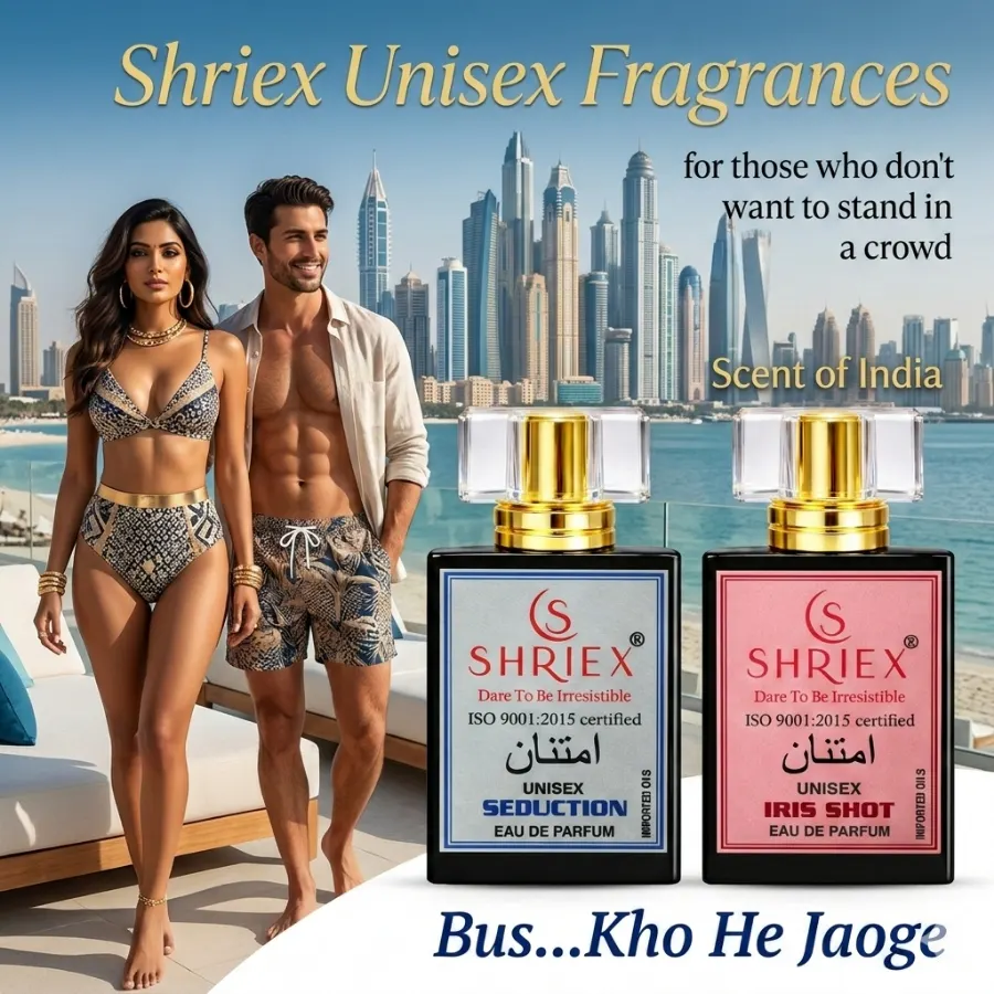 Shriex unisex perfume banner featuring Seduction and Exotica Eau de Parfum with male and female models