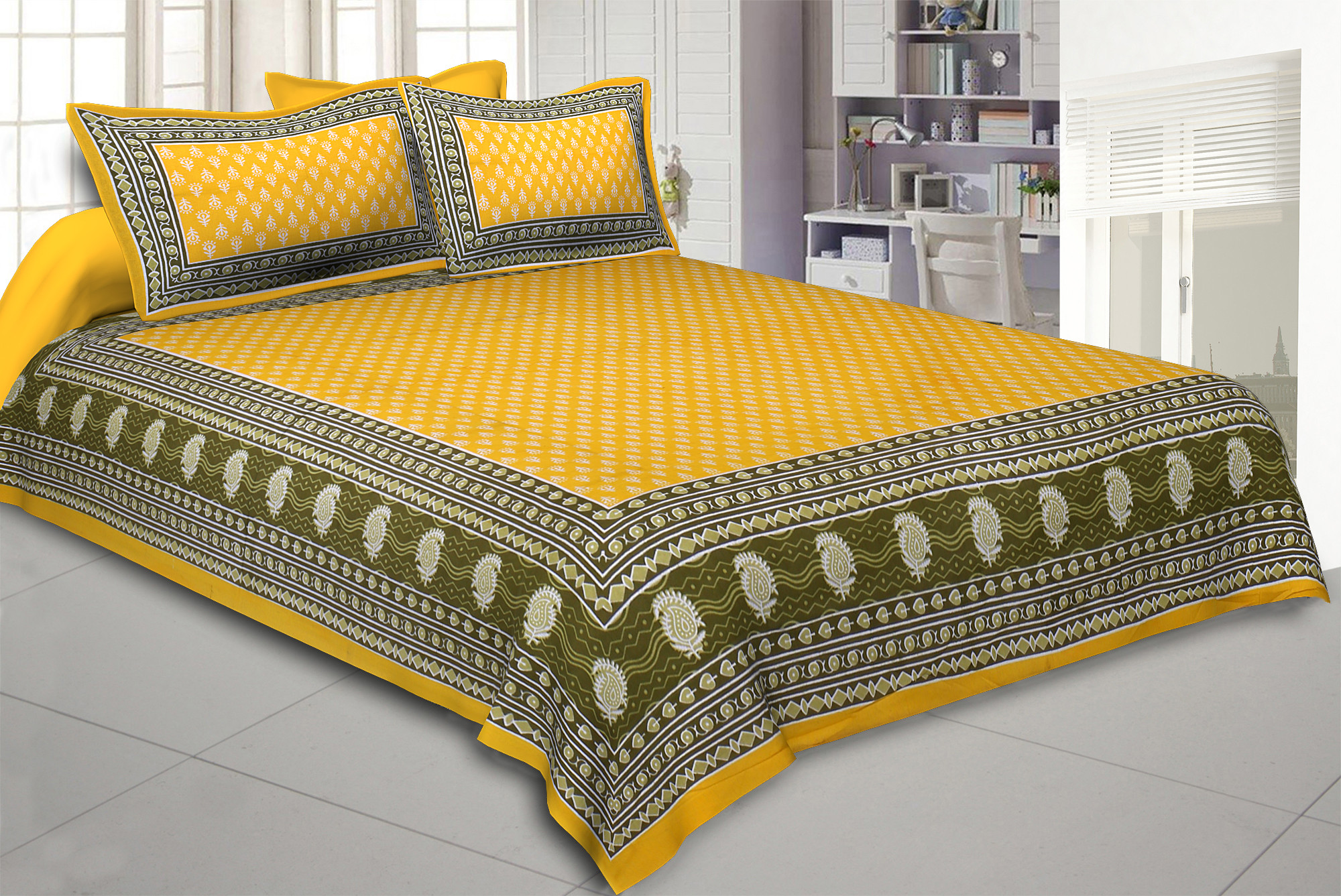Jaipuri print yellow cotton queen size double bedsheet with traditional ethnic floral design and matching pillow covers 90x100 inch sold online at shriexin